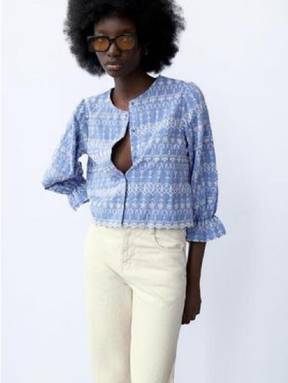 Zara Pale Light blue Broderie Anglaise white Embroidered Blouse Shirt